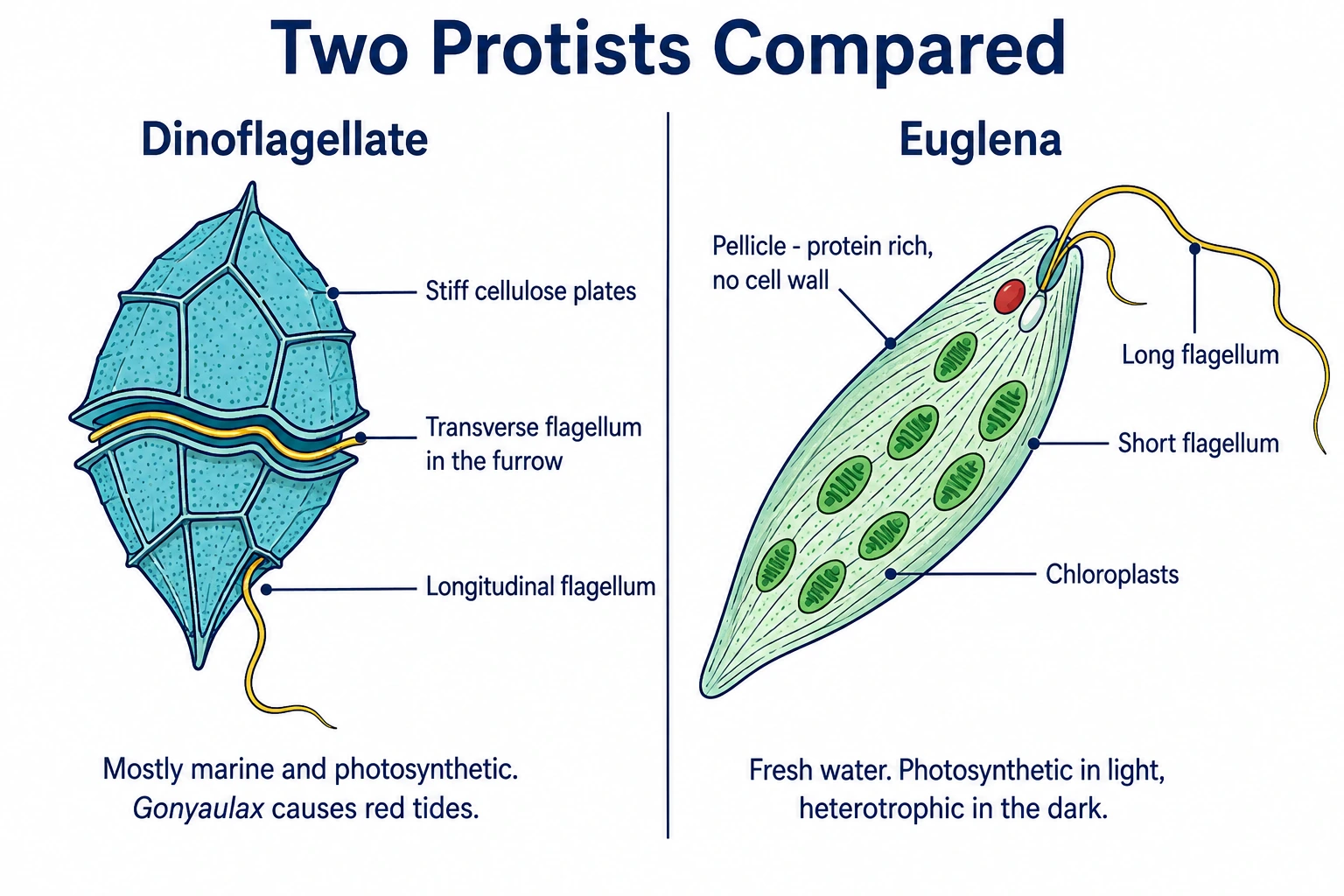 Dinoflagellate with two flagella and Euglena with pellicle