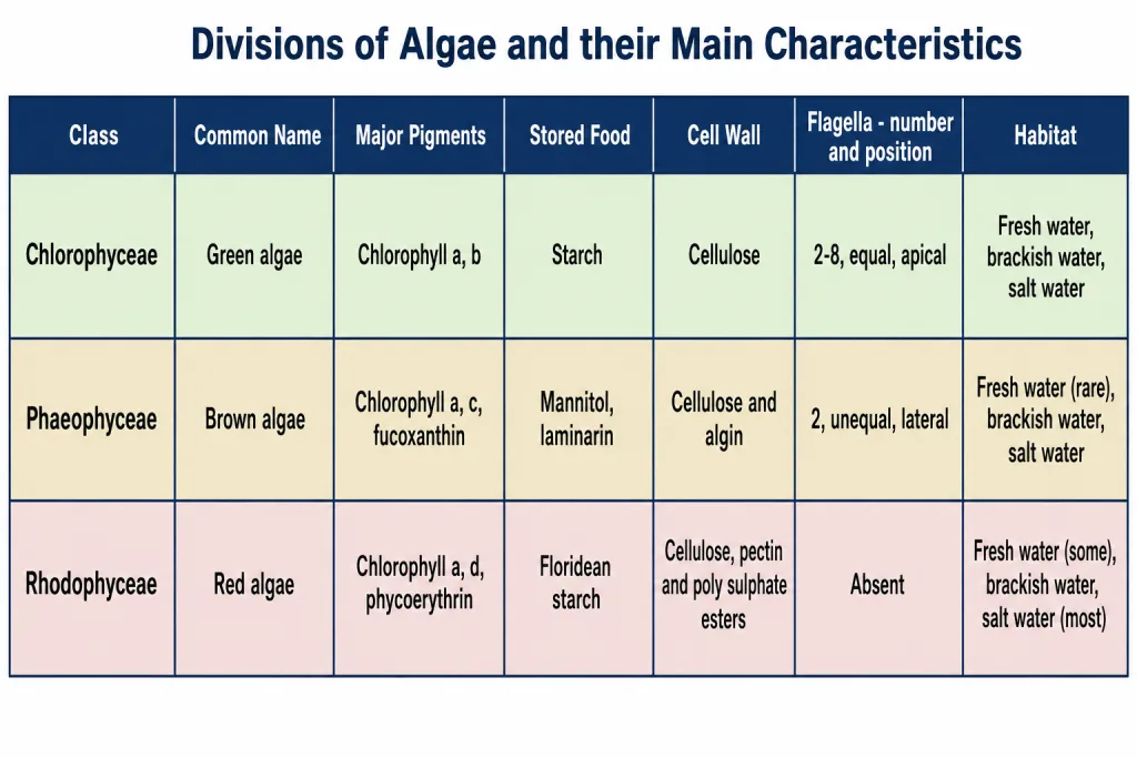 Comparison of the three algal classes