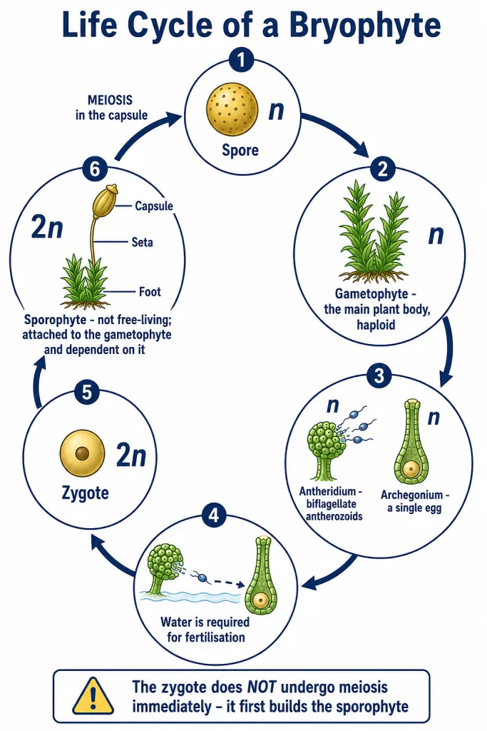 Bryophyte life cycle with dominant gametophyte and dependent sporophyte