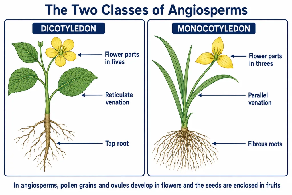 A dicotyledon and a monocotyledon compared