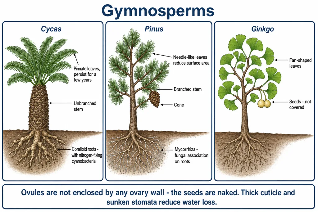 Cycas, Pinus and Ginkgo with coralloid roots and needle leaves