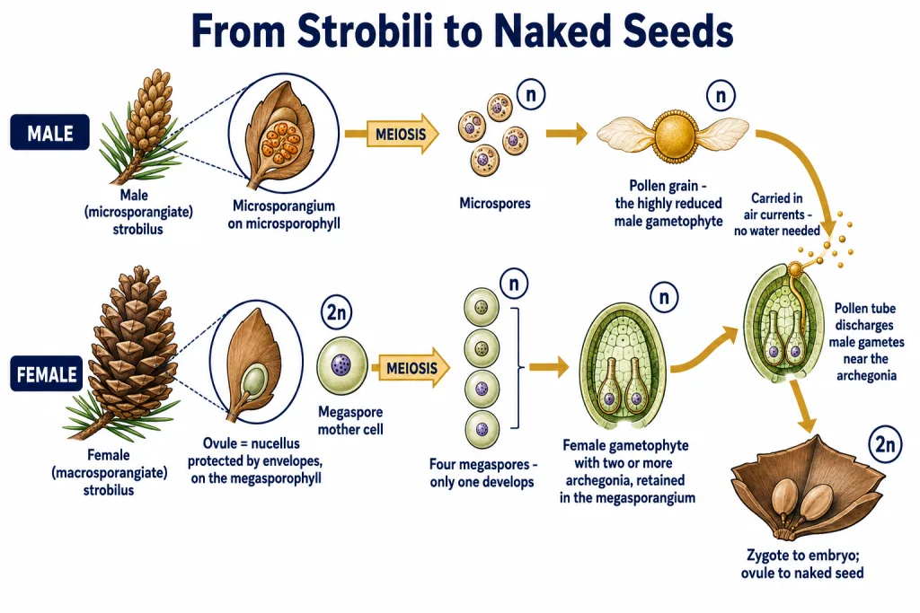 Gymnosperm life cycle from strobili to naked seeds