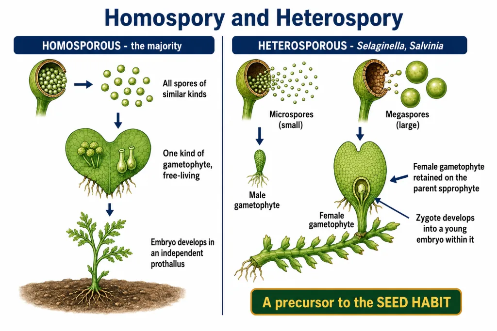 Homosporous versus heterosporous pteridophytes and the seed habit