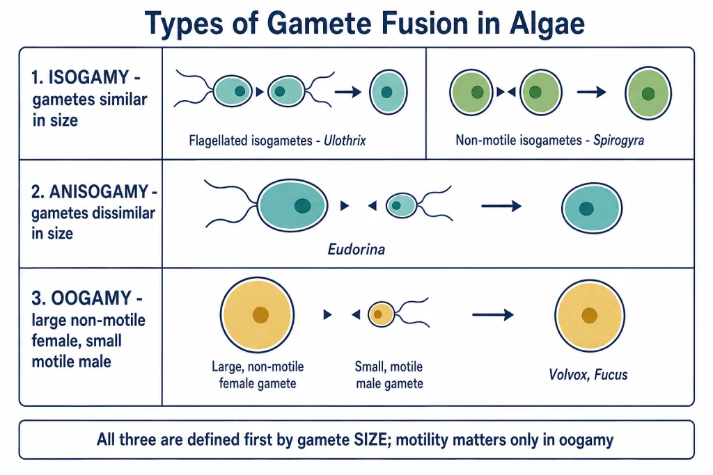 Isogamous, anisogamous and oogamous gamete fusion in algae