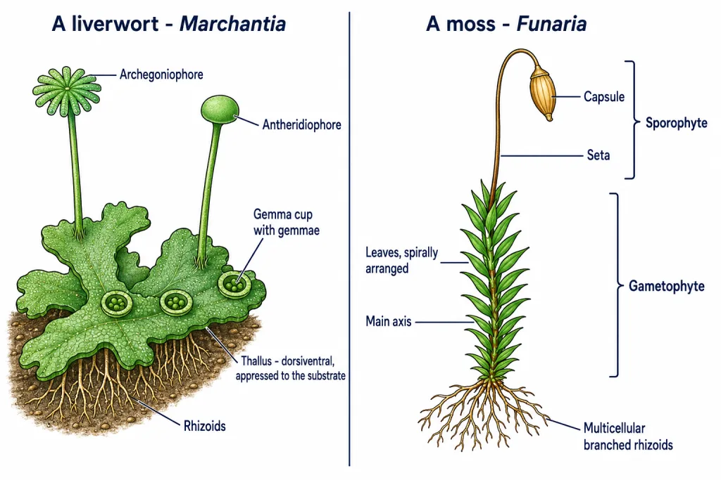 Marchantia thalli with gemma cups and Funaria gametophyte with sporophyte