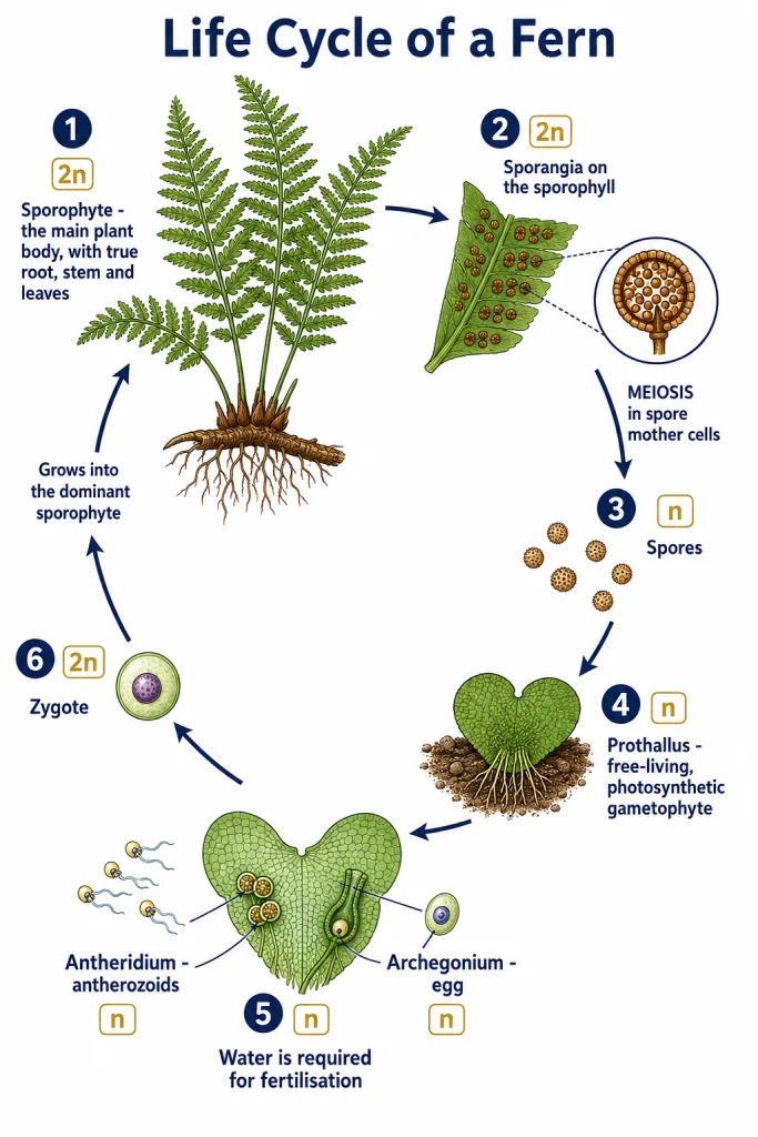 Pteridophyte life cycle with dominant sporophyte and free-living prothallus