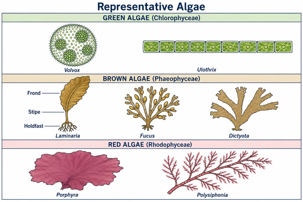 Green, brown and red algae with representative genera