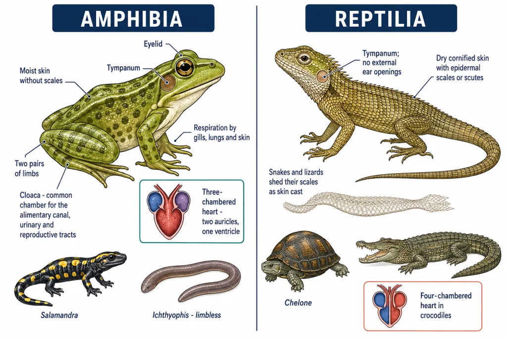 Frog and salamander of Amphibia beside a turtle, chameleon and crocodile