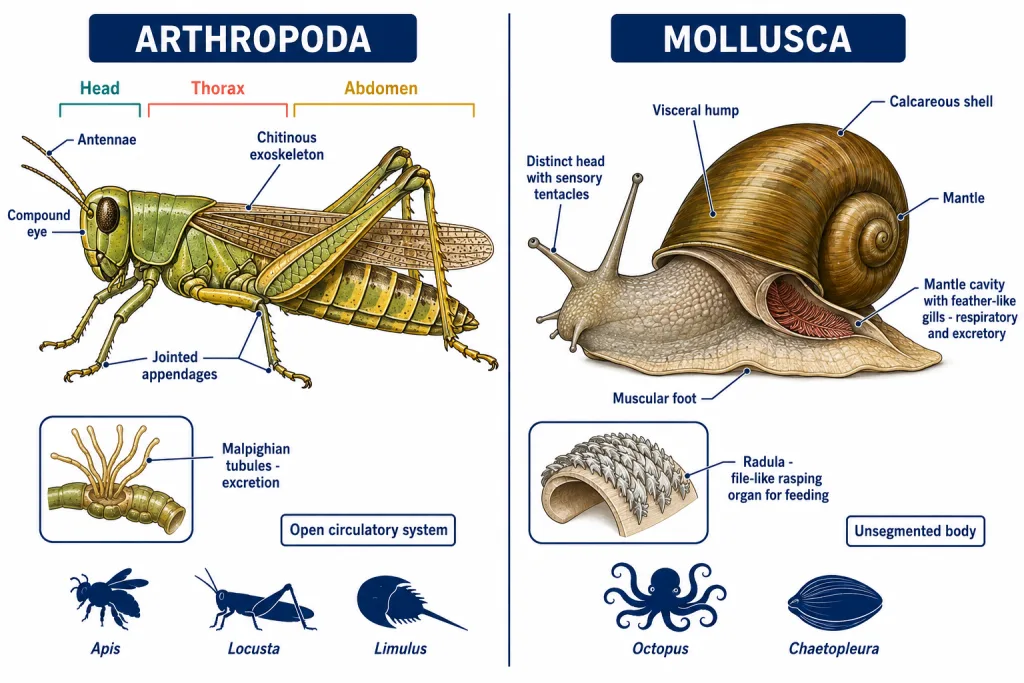 Locust and butterfly of Arthropoda beside Pila, Octopus and a chiton