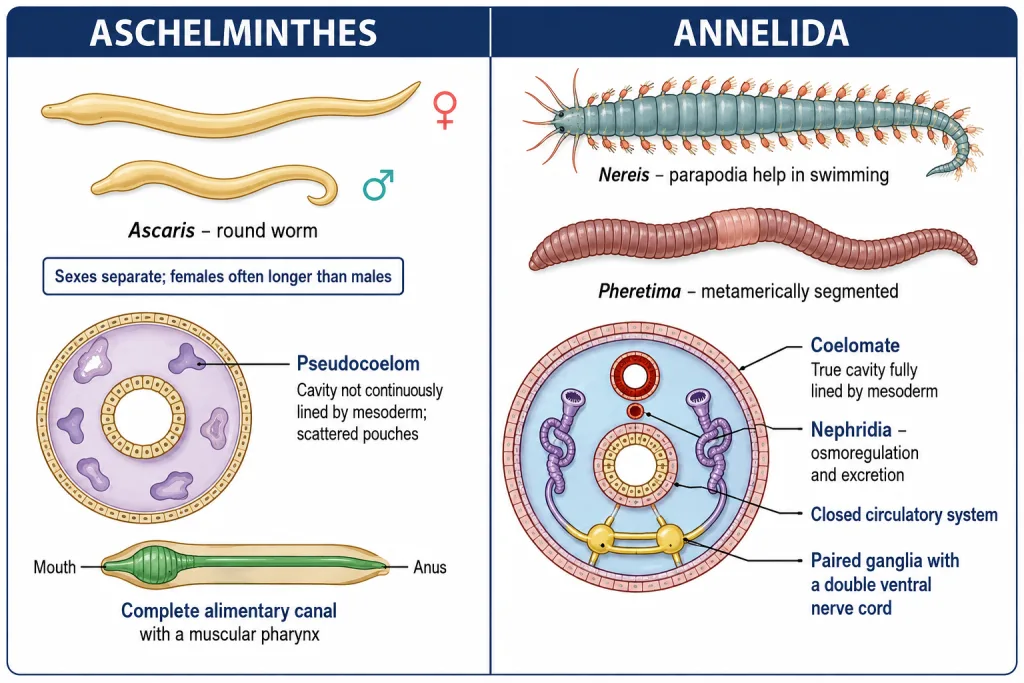 Ascaris roundworm, Nereis with parapodia and a segmented earthworm