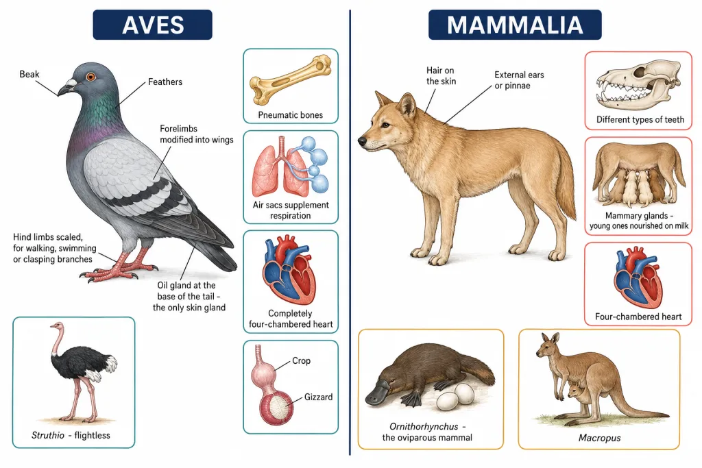 Pigeon and ostrich of Aves beside a bat, kangaroo and platypus of Mammalia