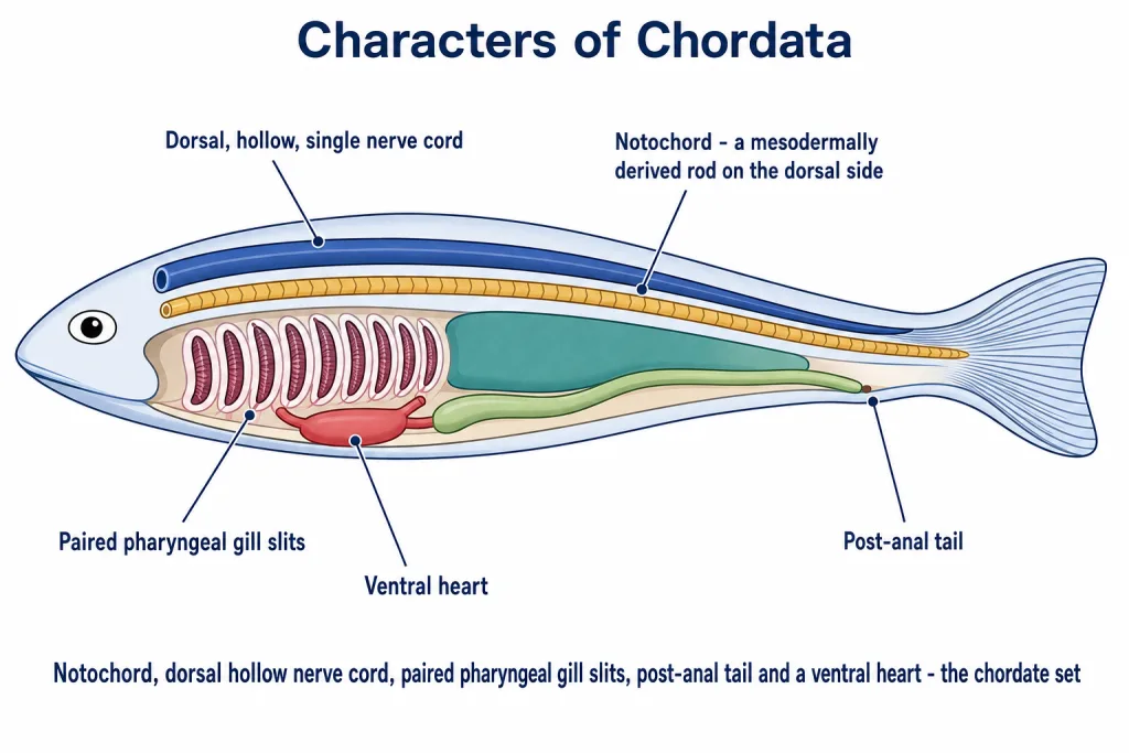 Chordate body plan showing notochord, dorsal nerve cord, gill slits and post-anal tail