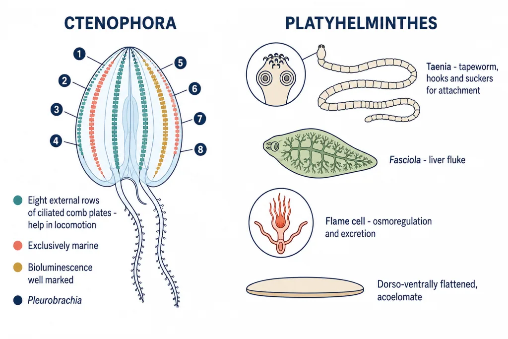 Pleurobrachia with comb plates, and tapeworm and liver fluke