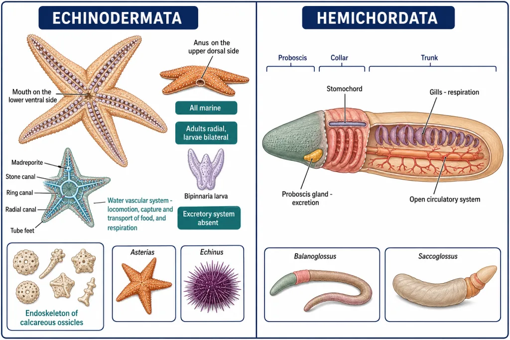Star fish and sea urchin beside Balanoglossus showing proboscis, collar and trunk