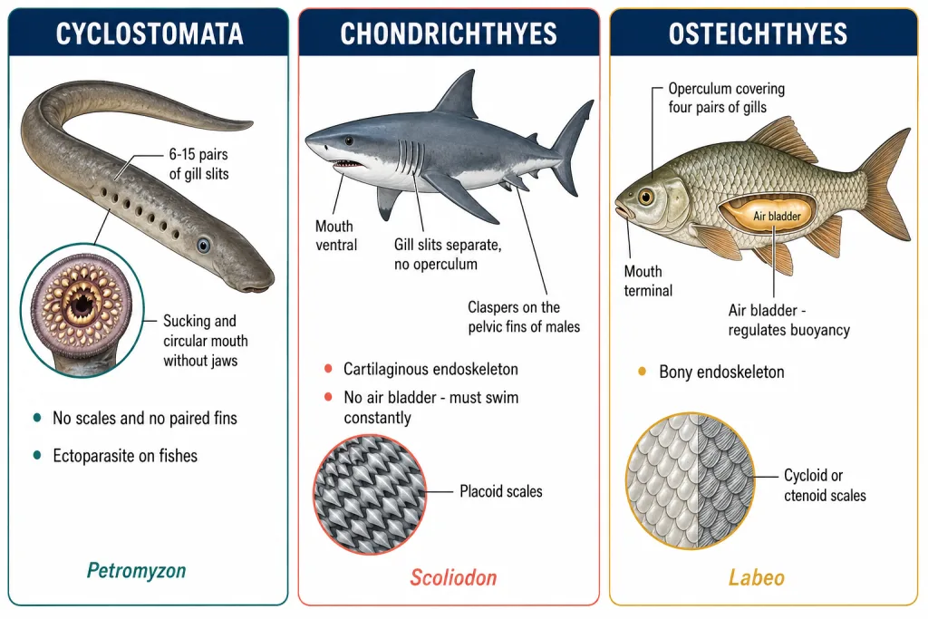 Petromyzon lamprey, Scoliodon shark and Labeo bony fish shown side by side