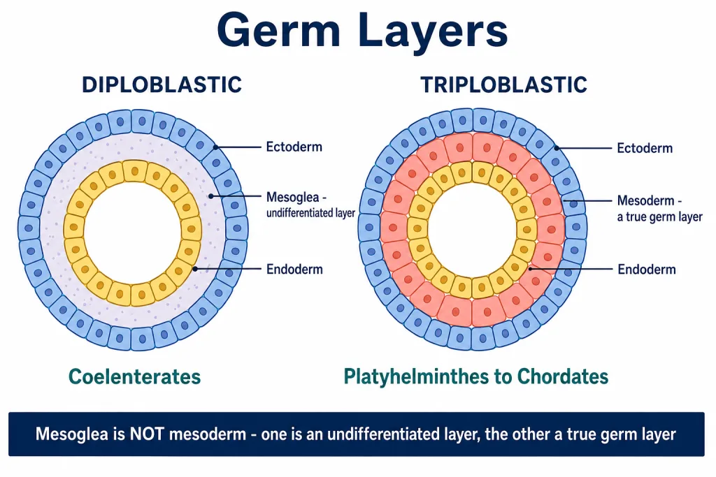 Diploblastic and triploblastic germ layer arrangement