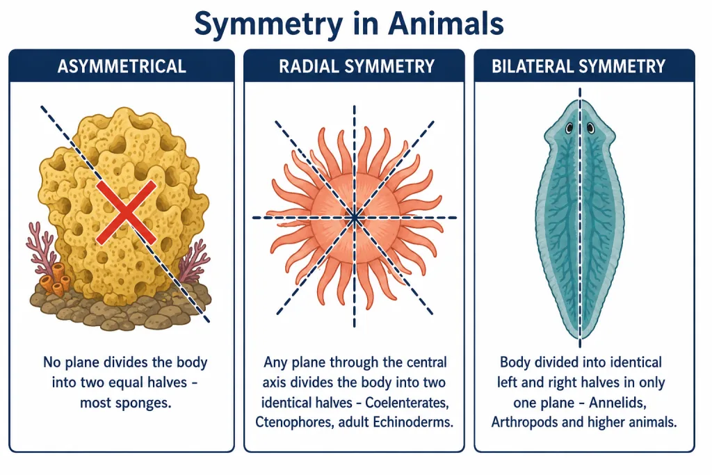 Asymmetry, radial symmetry and bilateral symmetry compared