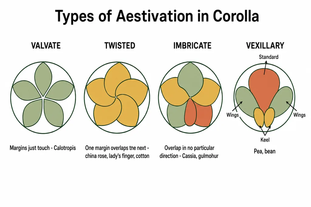 Valvate, twisted, imbricate and vexillary aestivation shown in floral bud section