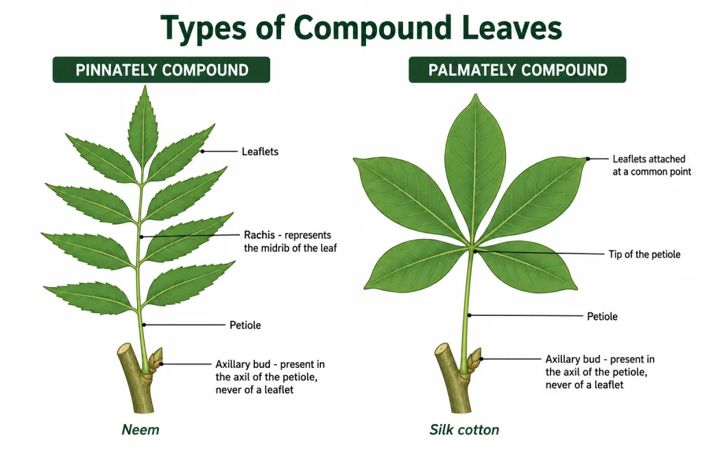Pinnately compound neem leaf with rachis beside palmately compound silk cotton leaf