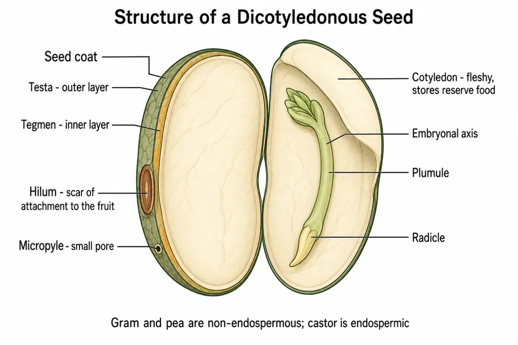 Dicot seed in section showing testa, hilum, micropyle, cotyledon, plumule and radicle