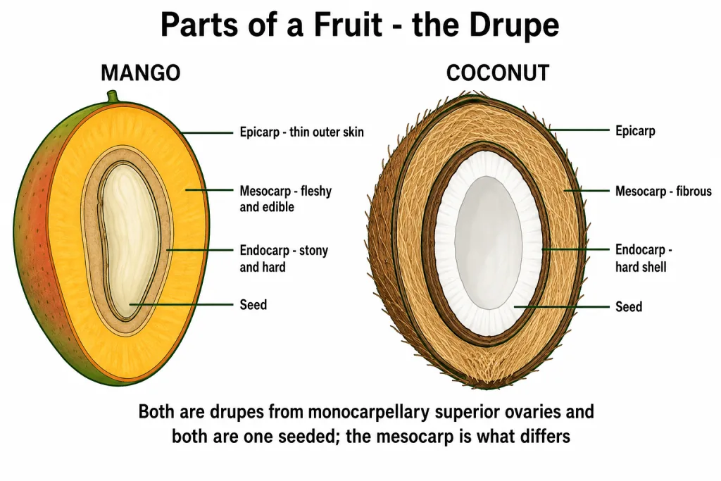 Mango and coconut cut open showing epicarp, mesocarp and endocarp of a drupe