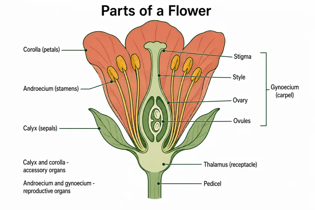 Typical flower in section showing calyx, corolla, androecium, gynoecium and pedicel