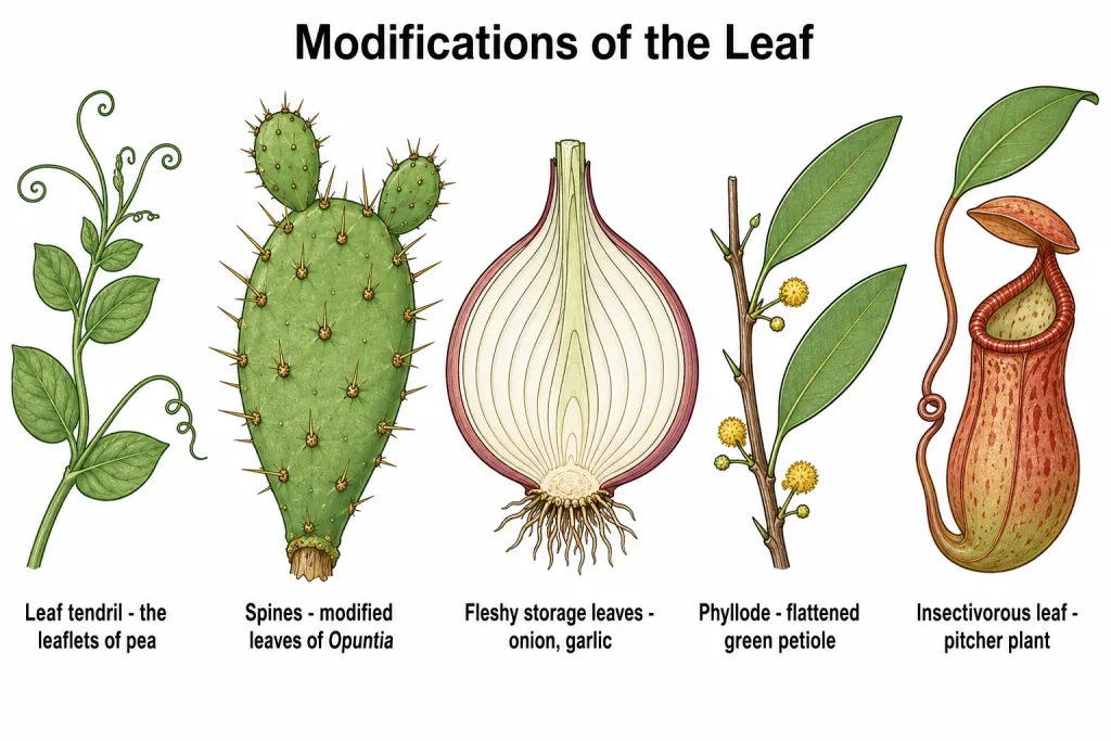Pea leaf tendril, Opuntia spines, onion fleshy leaves, Acacia phyllode and pitcher plant