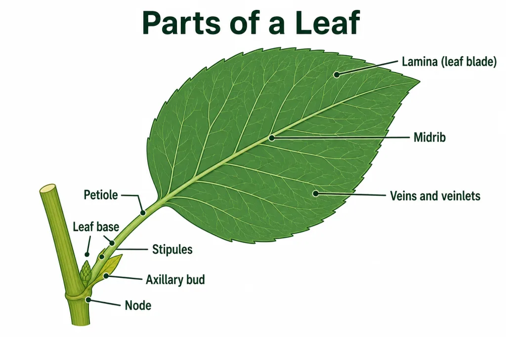 Leaf labelled with lamina, midrib, petiole, leaf base, stipule and axillary bud