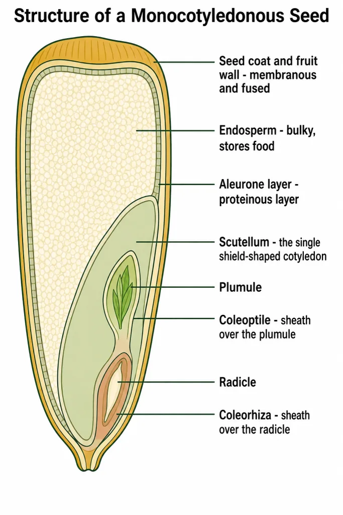 Maize grain in section with endosperm, scutellum, coleoptile and coleorhiza
