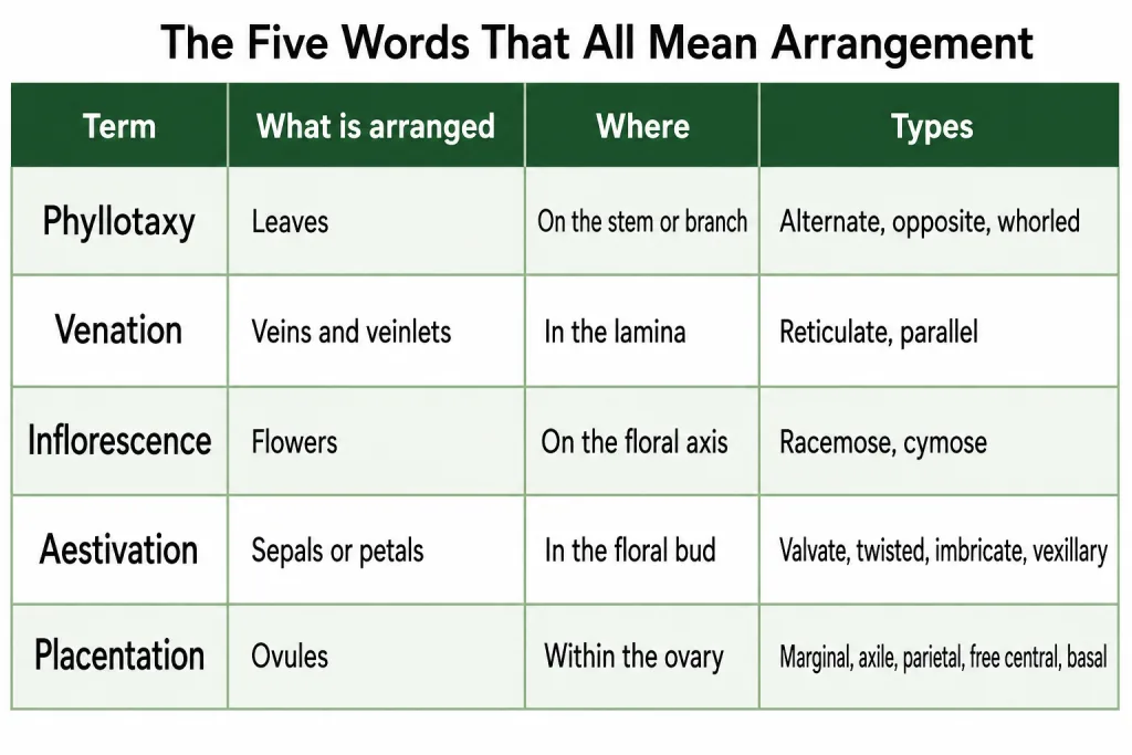 Chart of the five arrangement terms and the organ each one arranges