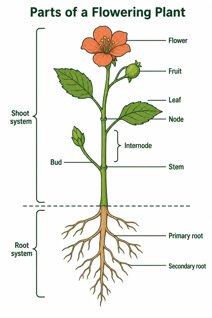 Flowering plant labelled with root system, shoot system, node and internode
