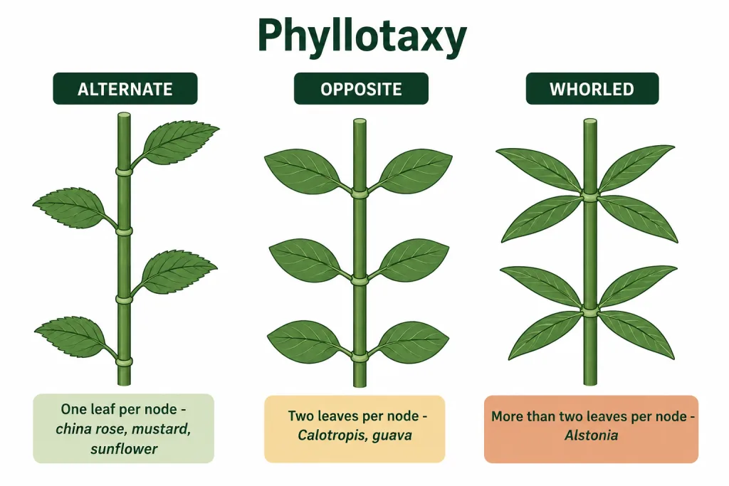Alternate phyllotaxy of china rose, opposite of guava and whorled of Alstonia