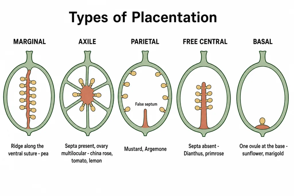 Marginal, axile, parietal, free central and basal placentation in ovary section