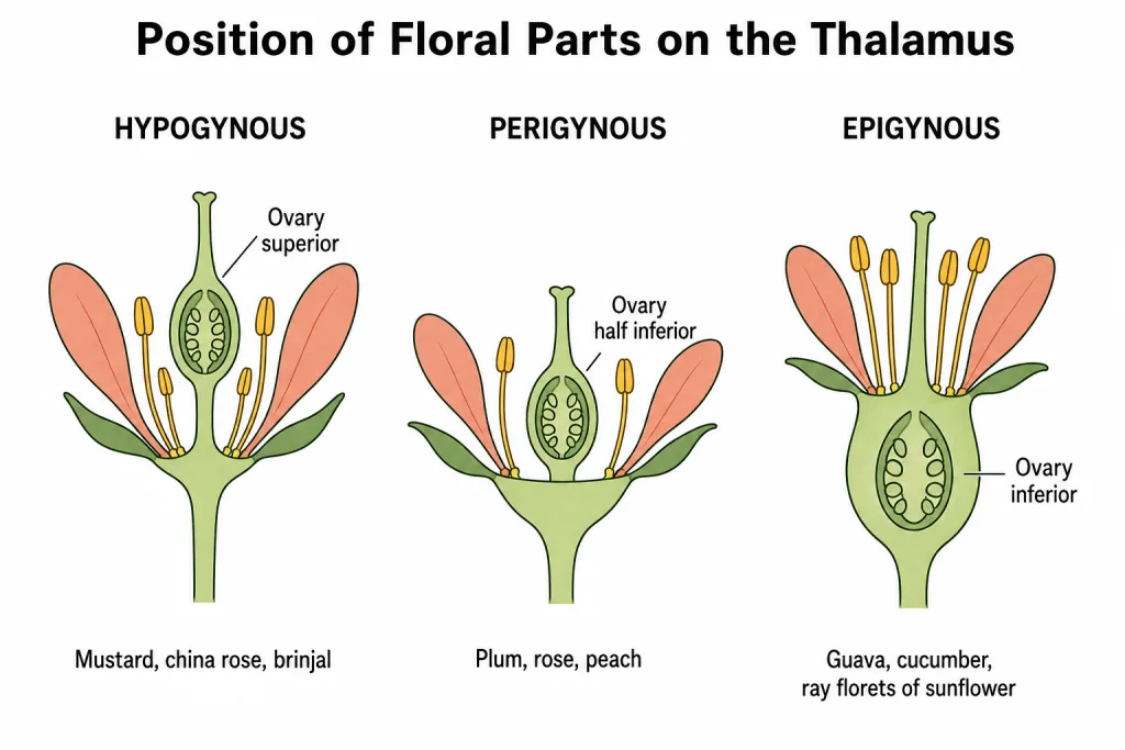 Hypogynous, perigynous and epigynous flowers with their three ovary positions