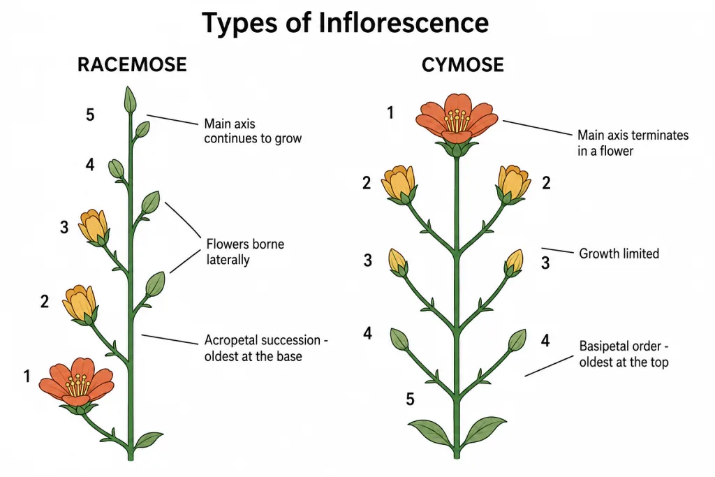 Racemose inflorescence with acropetal flowers beside cymose with basipetal flowers