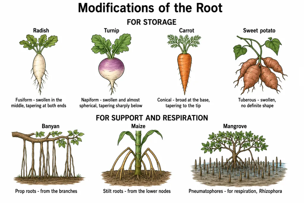 Fusiform radish, napiform turnip, conical carrot, banyan prop roots and pneumatophores