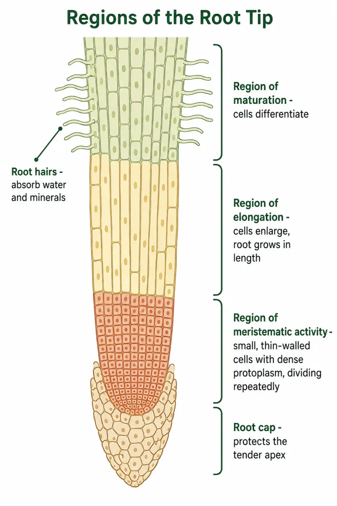 Root tip showing root cap, meristematic, elongation and maturation regions with root hairs