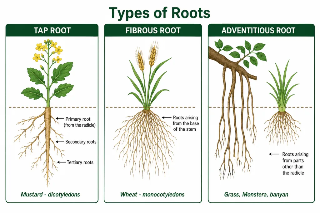 Tap root of mustard, fibrous root of wheat and adventitious roots of banyan
