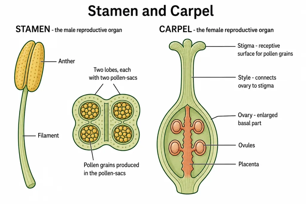 Stamen with filament and bilobed anther beside a carpel with stigma, style and ovary