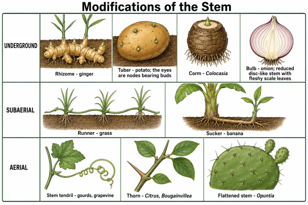 Ginger rhizome, potato tuber, onion bulb, stem tendril, thorn and Opuntia stem
