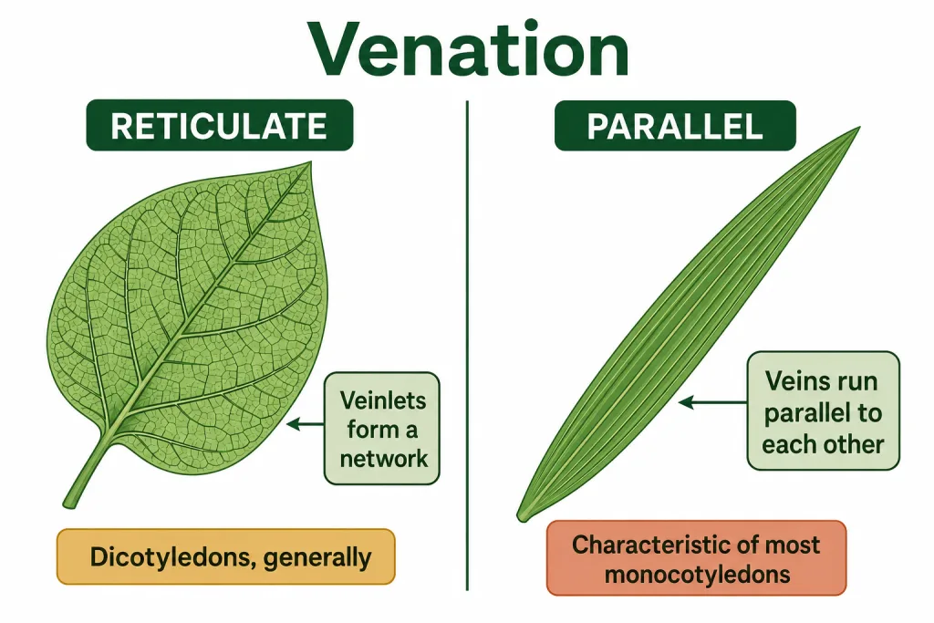 Reticulate venation of a dicot leaf beside parallel venation of a monocot leaf