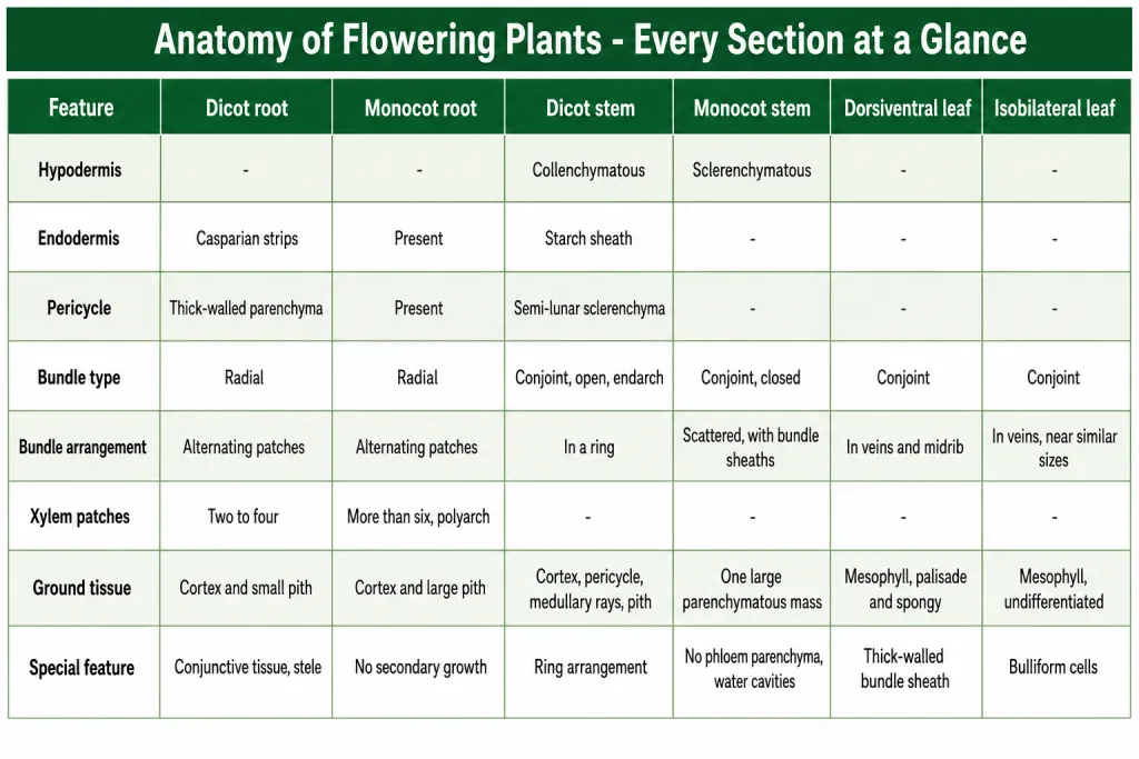 Comparison chart of dicot and monocot root, stem and leaf anatomy
