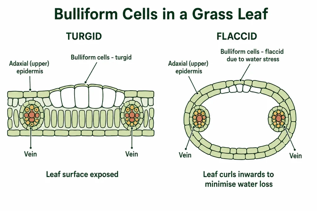 Bulliform cells turgid with leaf flat and flaccid with leaf curled inwards