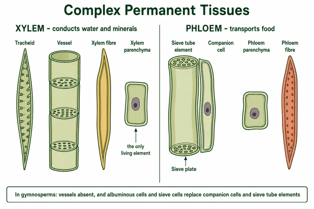 Xylem elements and phloem elements labelled side by side