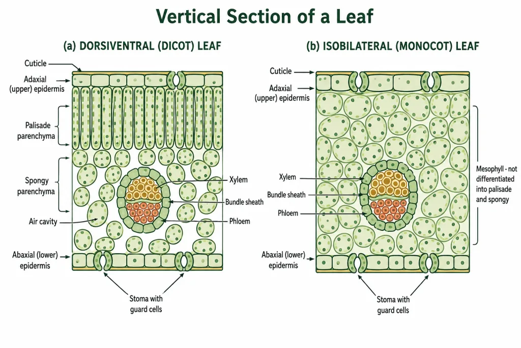 Vertical sections of a dorsiventral dicot leaf and an isobilateral monocot leaf