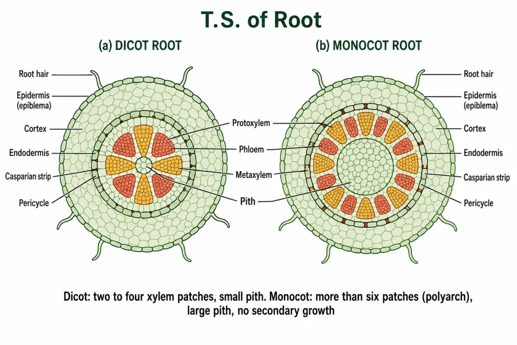 Transverse sections of a dicot root and a monocot root compared and labelled