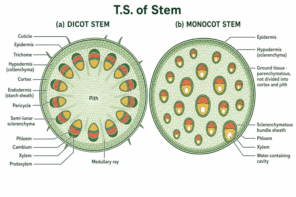 Transverse sections of a dicot stem and a monocot stem compared and labelled