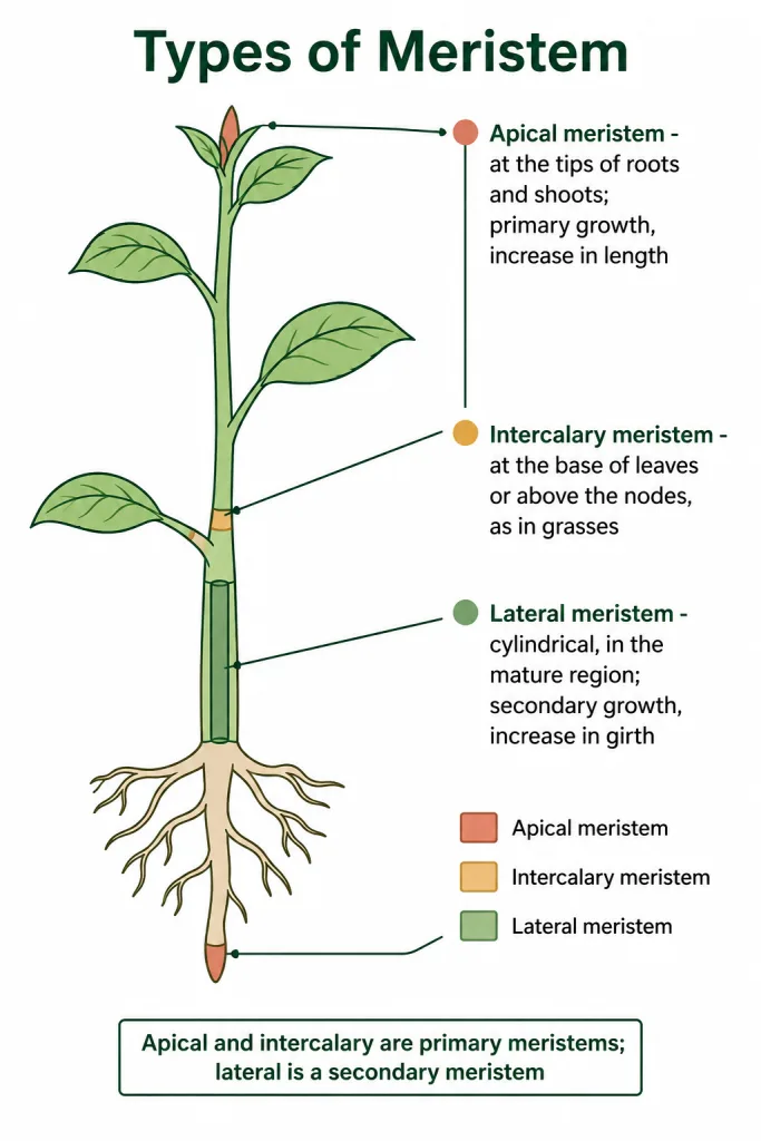 Apical, intercalary and lateral meristems marked on a young plant