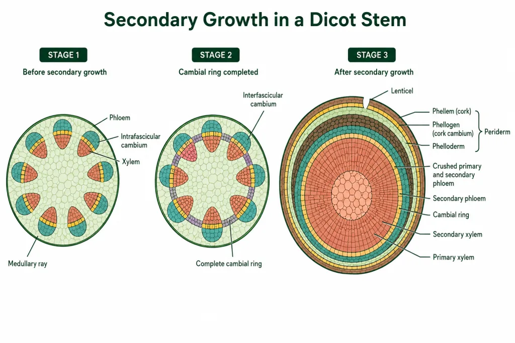 Dicot stem in secondary growth with cambial ring, secondary xylem and periderm