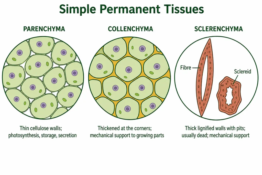 Parenchyma, collenchyma and sclerenchyma cells shown side by side in section
